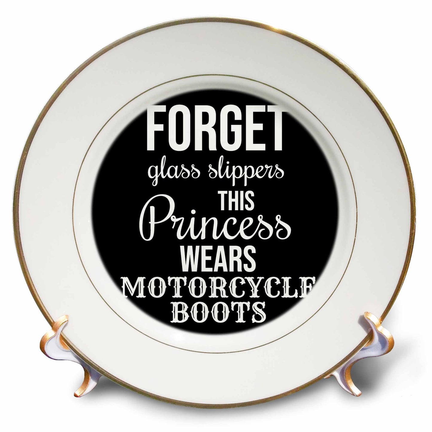 3dRose Stamp City - Typography - Forget Glass Slippers This Princess Wears Motorcycle Boots on Black. - Plates (cp_323006)
